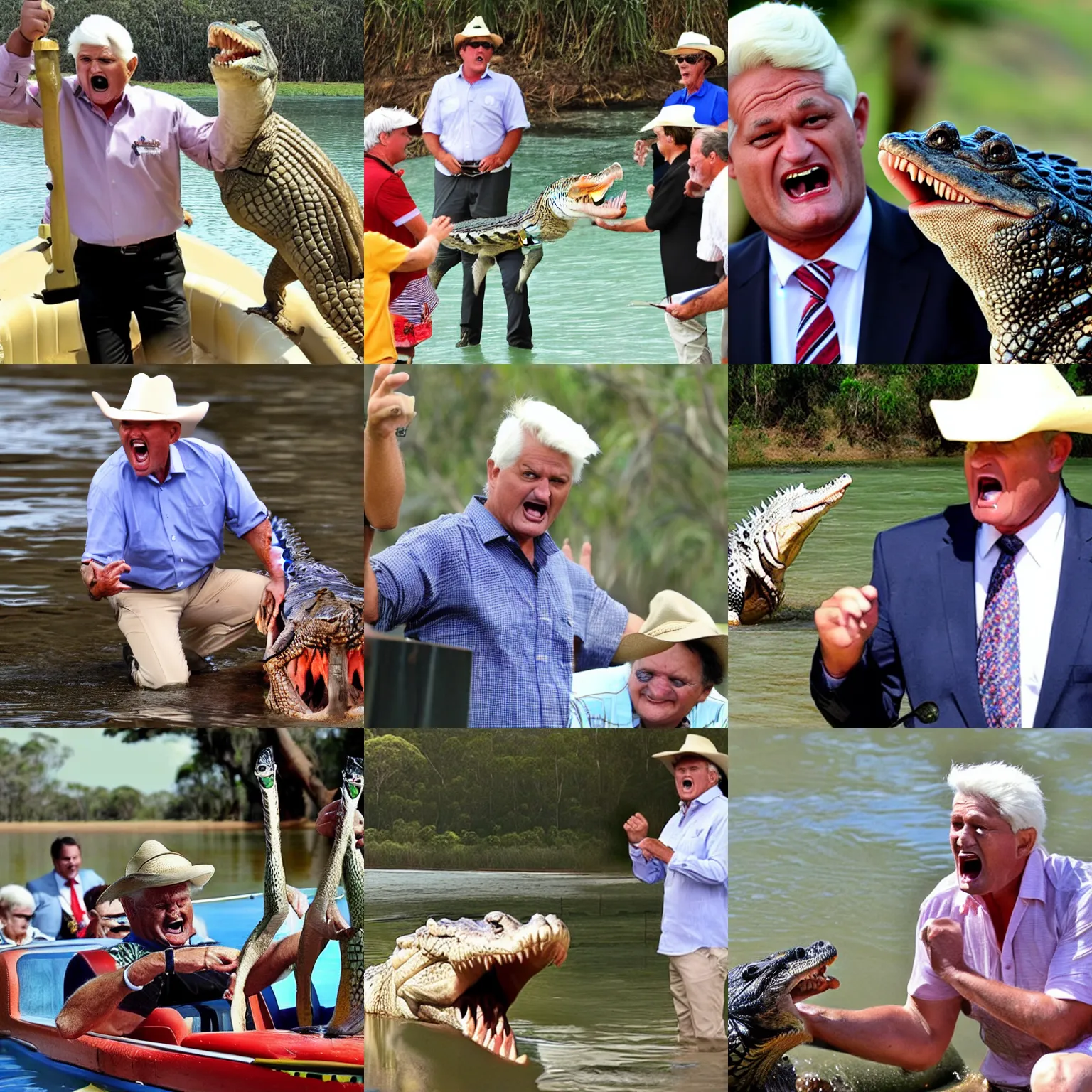 Prompt: Bob Katter yelling furiously at a crocodile