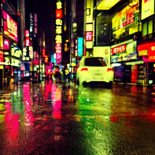 Prompt: moody 2 0 0 mm shot of an umbrella in a rainy tokyo night, neon lights,