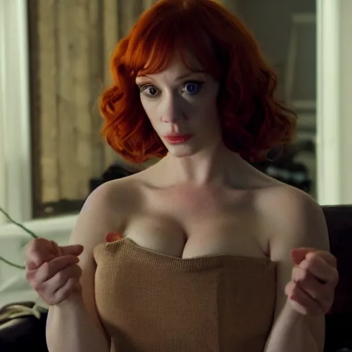 Image similar to a very surprised looking beautiful Christina Hendricks r in the living room, film still from the movie directed by Denis Villeneuve , wide lens