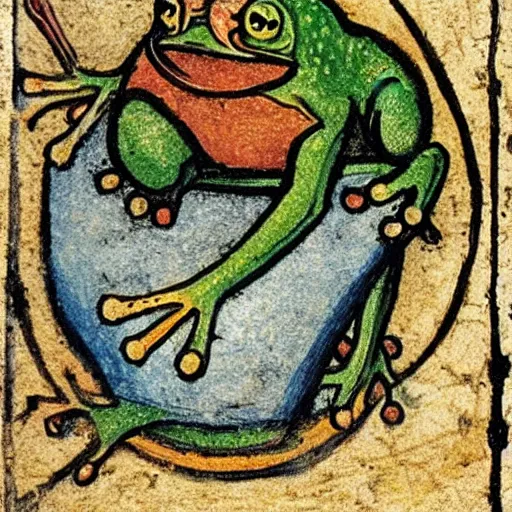 Image similar to medieval illustration of a frog practicing alchemy, illuminated manuscript