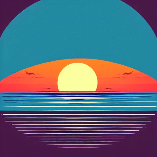 Image similar to a retro vector based illustration about a sunset on the ocean by Mike magnolia, negative space is allowed, black ink on white background, smooth curves