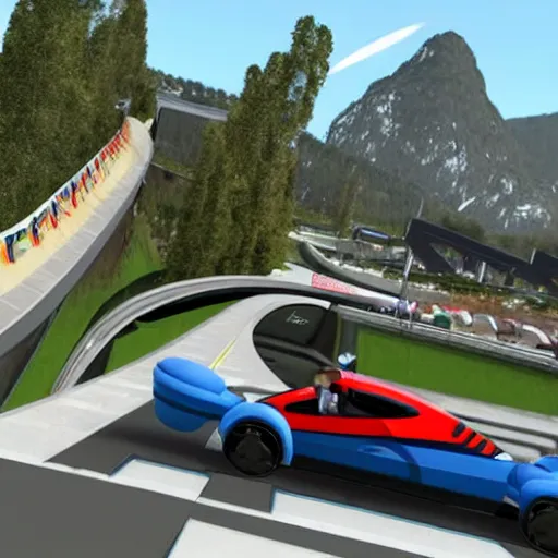 Prompt: Emmanuel Macron in Trackmania (2010)