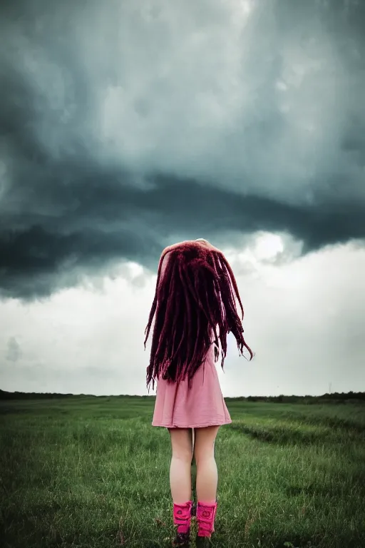 Image similar to kodak ultramax 4 0 0 photograph of a girl with long pink dreads standing in a field, stormy clouds, wicked clouds, big clouds, back view, grain, faded effect, vintage aesthetic,