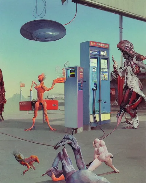 Image similar to strange creature conversing with cube shaped people at a gas station with large oxygen tank in the style of Francis Bacon and Syd Mead and Norman Rockwell and Beksinski, open ceiling, highly detailed, painted by Francis Bacon and Edward Hopper, painted by James Gilleard, surrealism, airbrush, very coherent, triadic color scheme, art by Takato Yamamoto and James Jean