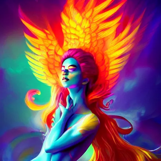 Prompt: rainbow colorful magic phoenix goddess, trending on artstation, cgsociety, artgerm, visually stunning, beautiful lighting