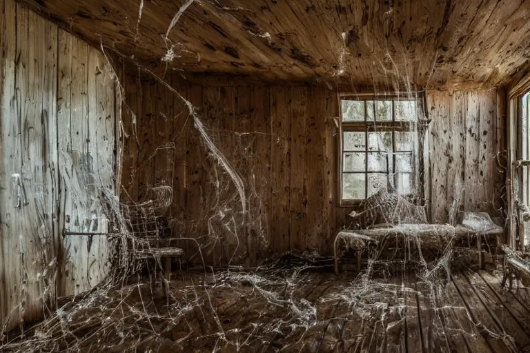 Image similar to a film production still, 2 8 mm, wide shot of a cabin interior, wooden furniture, cobwebs, spiderwebs, dynamic volumetric lighting, abandoned, depth of field, cinematic