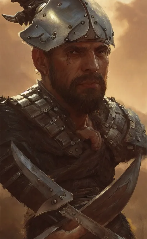 Prompt: '' Face portrait of a rugged adventurer with a leather armor holding a big sword getting ready for battle, d&d, fantasy, high detail, digital painting, artstation, concept art, sharp focus, illustration, art by greg rutkowski and alphonse mucha ''