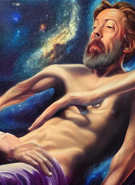 Prompt: alan watts laying down floating in the universe full body romanticism style painting highly detailed realism, featured on artstation