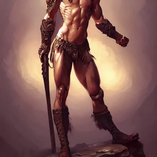 Prompt: full body of rugged warrior, upper body, D&D, muscular, fantasy, intricate, elegant, exposed thighs, highly detailed, digital painting, artstation, concept art, smooth, sharp focus, illustration, art by artgerm and greg rutkowski and alphonse mucha