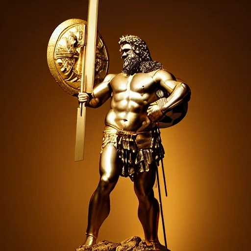 Prompt: a realistic greek gold statue of hercules as zeus wearing heavy paladin gold armour and brandishing a spear and a large gold shield, displayed in a museum art gallery, moody, dramatic lighting, dark, photorealistic, cinematic scene, super detailed, hyper realistic, bright lights, 8 k
