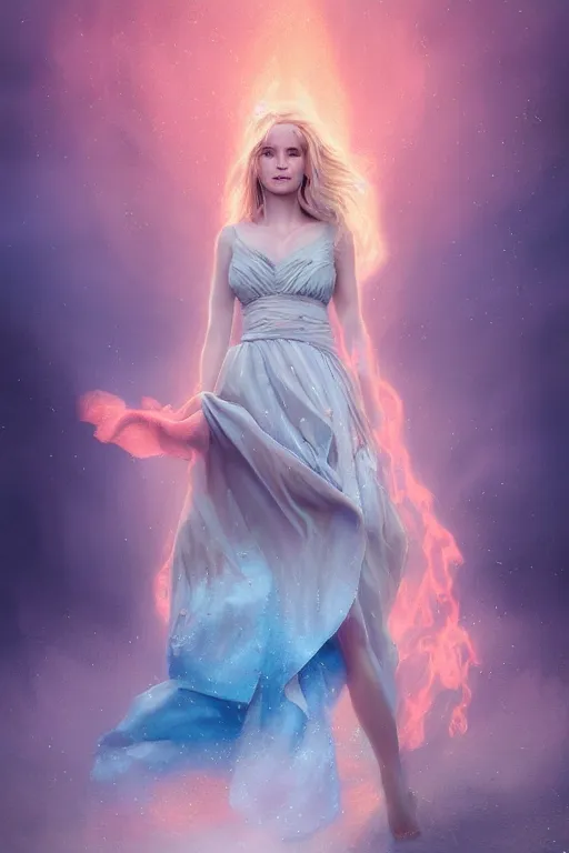 Image similar to detailed portrait of a beautiful blonde haired woman with sparkling blue eyes, elegant, blue cotton dress, background is a fountain in the park, in the style of peter mohrbacher, artgerm, dramatic lighting and composition, pink fog background, octane render, trending on artstation, concept art 8 k