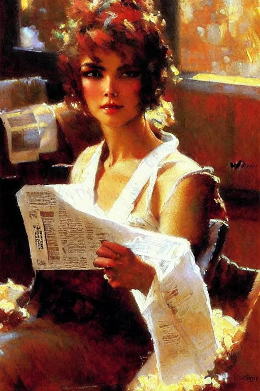 Image similar to attractive woman drinking coffee and reading newspaper, painting by gaston bussiere, craig mullins