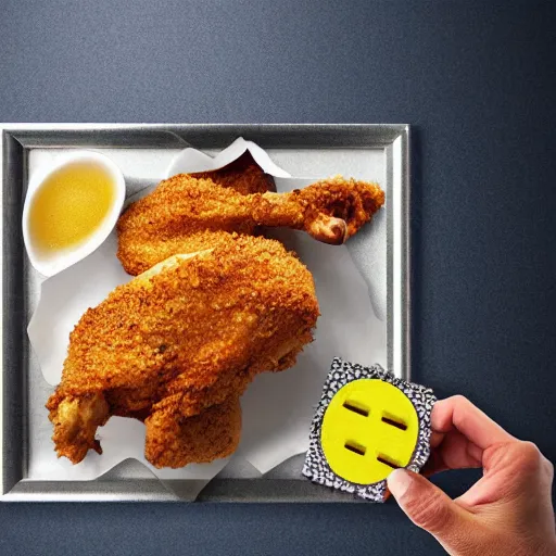 Image similar to chicken fried on a computer cpu chip plate rectangular processor, food, photograph, poster, orthographic