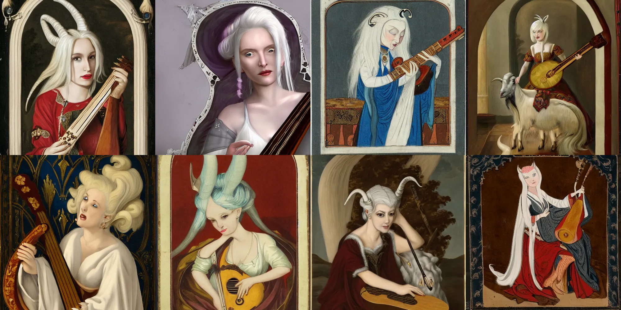 Prompt: A female changeling with white hair and two large goat horns coming out of her forehead. She is wearing nice royal robes, and is playing a lute.