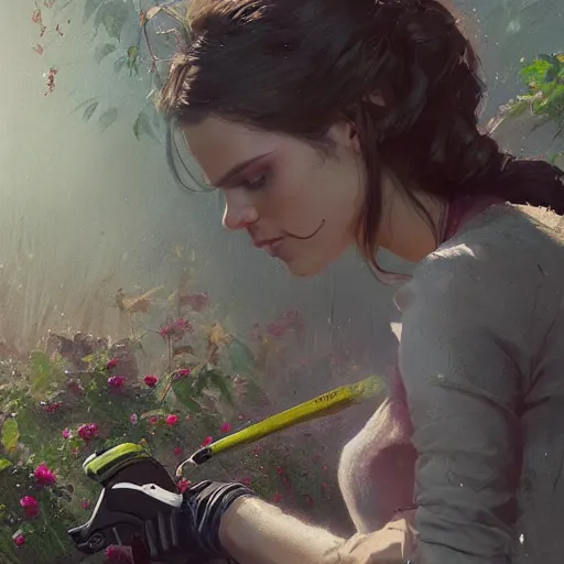 Prompt: girl is working in garden with pruning shears, artstation greg rutkowski, cinematic