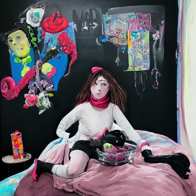 Image similar to a portrait in a female artist's bedroom, black walls, emo girl riding an inflatable pig, sheet music, berries, surgical supplies, pancakes, black flowers, sensual, octopus, neo - expressionism, surrealism, acrylic and spray paint and oilstick on canvas