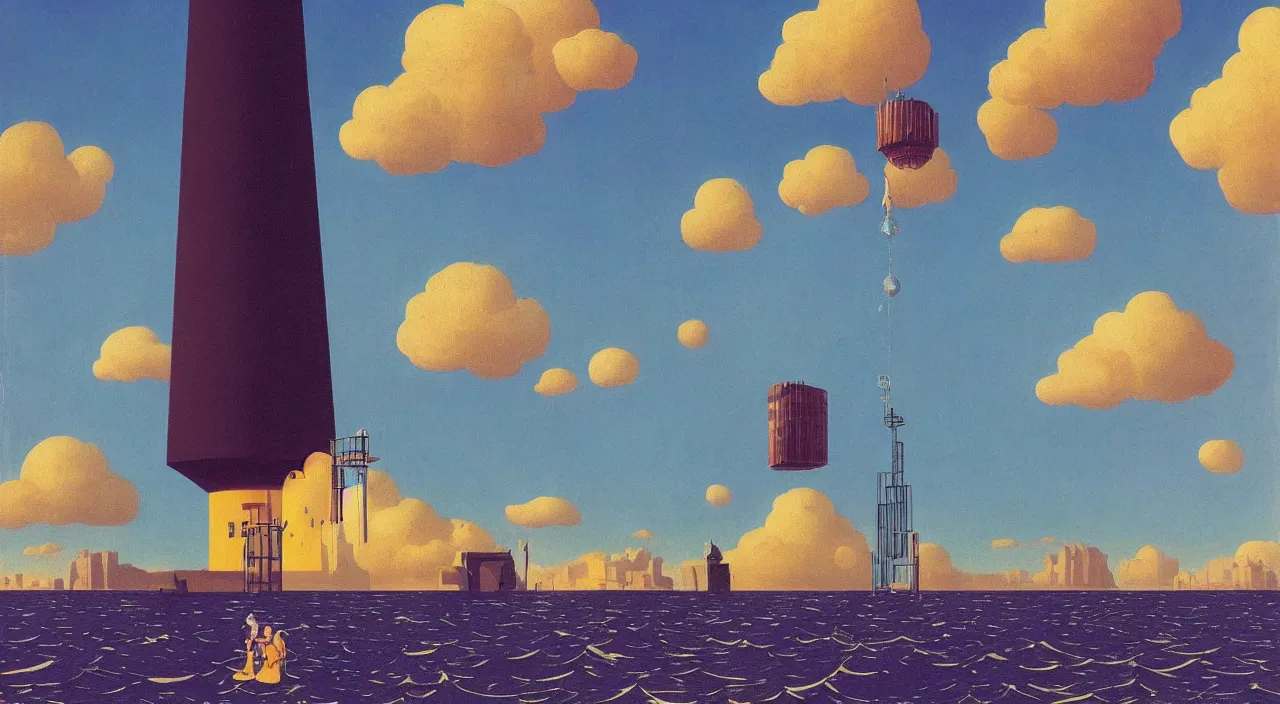 Image similar to single flooded simple! cosmic tower!, very coherent and colorful high contrast!! masterpiece by rene magritte simon stalenhag carl spitzweg syd mead norman rockwell edward hopper james gilleard, minimalist, dark shadows, sunny day, hard lighting