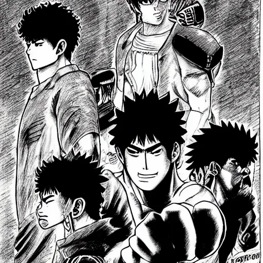 Image similar to hajime no ippo drawn in berserk format, by kentaro miura