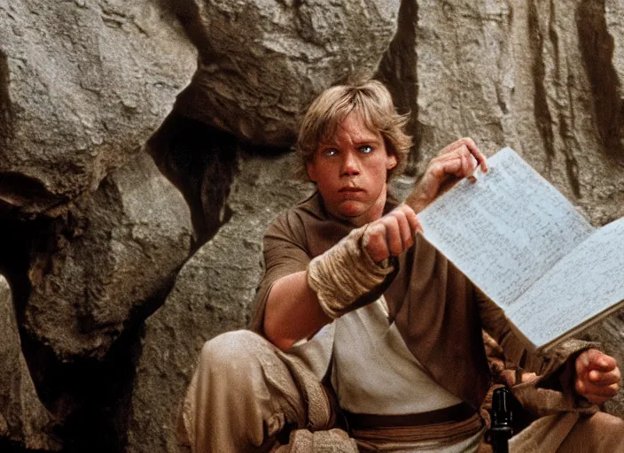 Image similar to screenshot photo of Luke Skywalker in the film temple of doom (1984) finding the ancient jedi texts in a rocky cave, Photographed with Leica Summilux-M 24 mm lens, ISO 100, f/8, Portra 400, 4K, anamorphic