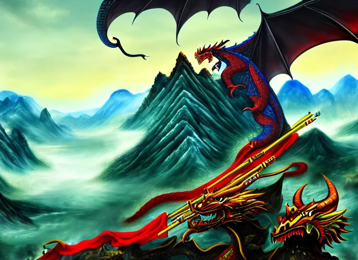 Image similar to Chinese president, bananas weapon, battle, dragon, centered, highly detailed, mountains, epic composition, background, fantasy art, oil painting, 4k