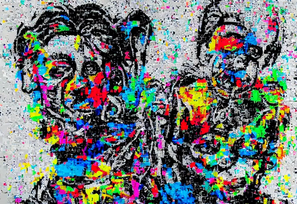 Image similar to full color banksy graffiti with statement of ai art is not art, detailed, realistic, glitch art effect