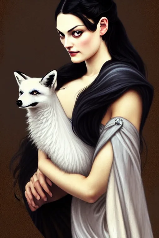 Image similar to Phoebe Tonkin dressed in Victorian fashion with black hair, holding a white fox in her arms, D&D, fantasy, intricate, elegant, highly detailed, digital painting, artstation, concept art, matte, sharp focus, illustration, art by Artgerm and Greg Rutkowski and Alphonse Mucha