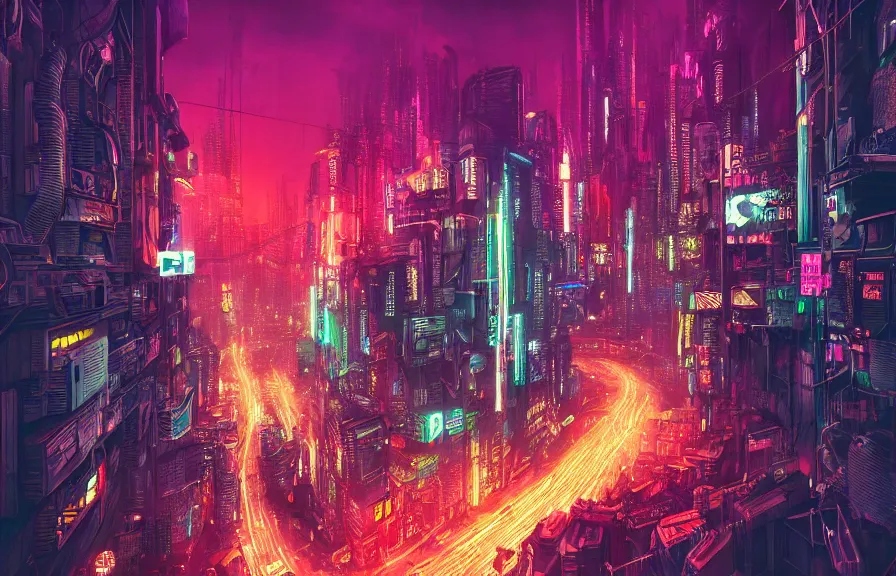 Prompt: hyper-detailed cyberpunk dystopian city skyline at night, colorful neon signs, 4k ultra hd, trending on artstation, fantasy dark art