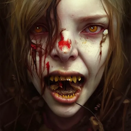 Image similar to portrait painting of horrifyingly disfigured vampire girl wearing battered vietnam fatigues, ultra realistic, concept art, intricate details, eerie, highly detailed, photorealistic, octane render, 8 k, unreal engine. art by artgerm and greg rutkowski and charlie bowater and magali villeneuve and alphonse mucha