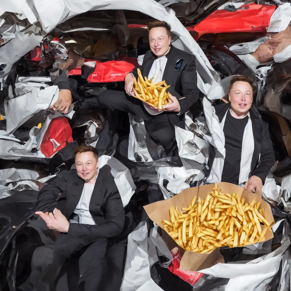 Prompt: elon musk inside a bag of french fries