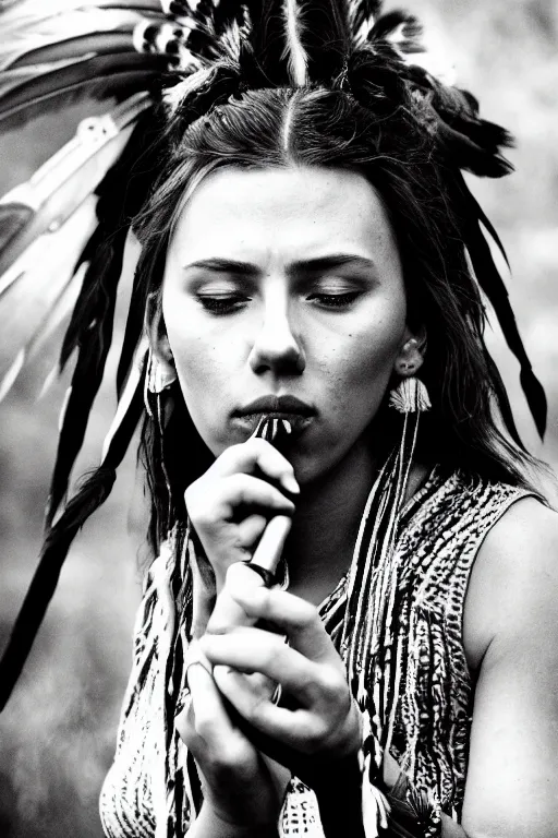 Prompt: photo of a beautiful native american indian woman, scarlett johansson smoking a pipe of peace, portrait, skilled warrior of the apache, ancient, realistic, detailed