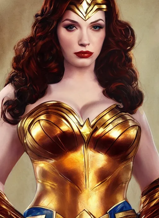 Image similar to full length photo of gorgeous christina hendricks dressed as wonder woman in the style of stefan kostic, realistic, sharp focus, 8k high definition, insanely detailed, intricate, elegant, art by stanley lau and artgerm