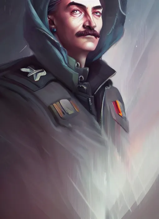 Image similar to « a portrait o cyberpunk joseph stalin, glowing eyes, a digital painting by charlie bowater, featured on cgsociety, fantasy art, behance hd, wiccan, artstation hd »