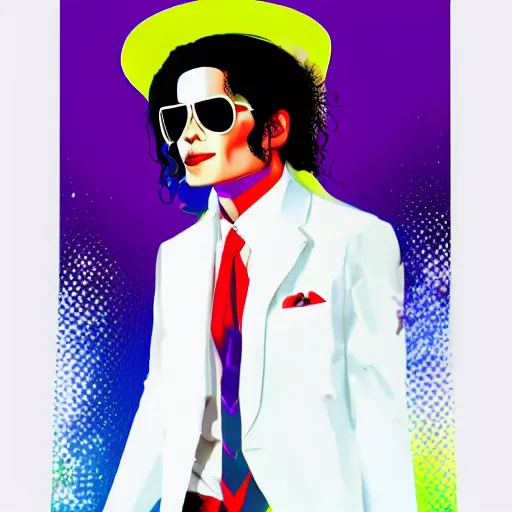 Prompt: paining of Michael Jackson moon walking, white suit and hat, pop art, trending on Artstation