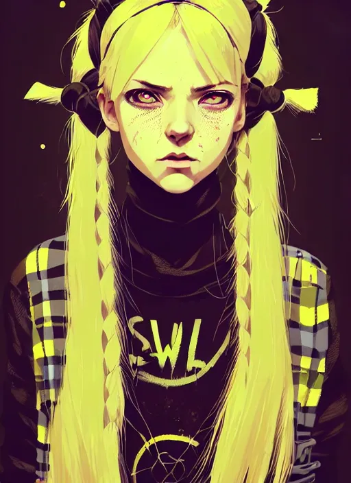 Image similar to highly detailed closeup portrait of a sewer punk pretty swedish female road warrior student, tartan garment, blonde hair pigtails with headband by atey ghailan, by greg rutkowski, by greg tocchini, by james gilleard, by joe fenton, by kaethe butcher, gradient yellow, black, brown and white color scheme, grunge aesthetic!!! white graffiti tag wall background