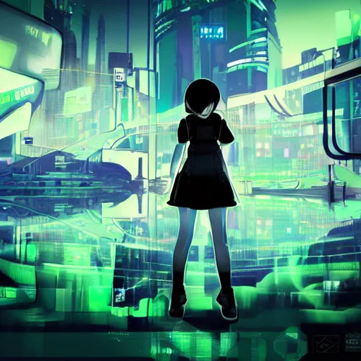 Image similar to Frequency indie album cover, luxury advertisement, green filter, blue and black colors. highly detailed post-cyberpunk sci-fi close-up schoolgirl in asian city in style of cytus and deemo, mysterious vibes, by Ilya Kuvshinov, by Greg Tocchini, nier:automata, set in half-life 2, beautiful with eerie vibes, very inspirational, very stylish, with gradients, surrealistic, dystopia, postapocalyptic vibes, depth of field, mist, rich cinematic atmosphere, perfect digital art, mystical journey in strange world, beautiful dramatic dark moody tones and studio lighting, shadows, bastion game, arthouse