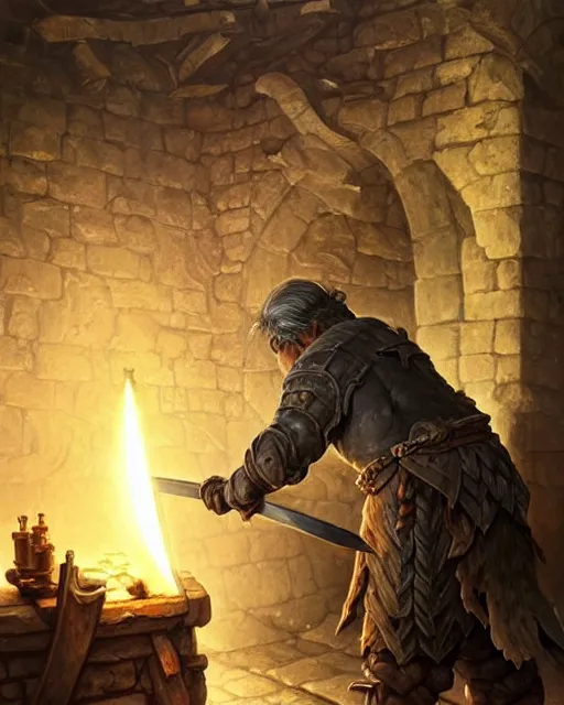 Image similar to an old blacksmith forging his final sword, his sad with grief and in pain from old injuries, his wall depicts his best weapons, deep focus, D&D, fantasy, intricate, elegant, highly detailed, digital painting, artstation, concept art, matte, sharp focus, illustration, hearthstone, art by Artgerm and Greg Rutkowski and Alphonse Mucha