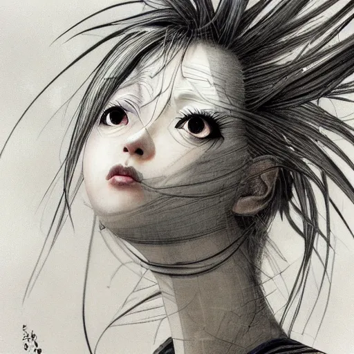 Image similar to Yoshitaka Amano realistic illustration of an anime girl with white hair and cracks on her face wearing dress suit with tie fluttering in the wind, abstract black and white patterns on the background, noisy film grain effect, highly detailed, Renaissance oil painting, weird portrait angle