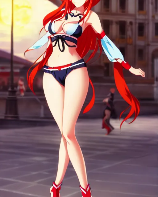 Image similar to pinup photo of asuna from sao in the crowded square of the city, asuna by a - 1 pictures, by by andrei riabovitchev, james jean, gil elvgren, enoch bolles, glossy skin, pearlescent, anime, very coherent, sao style anime, flat