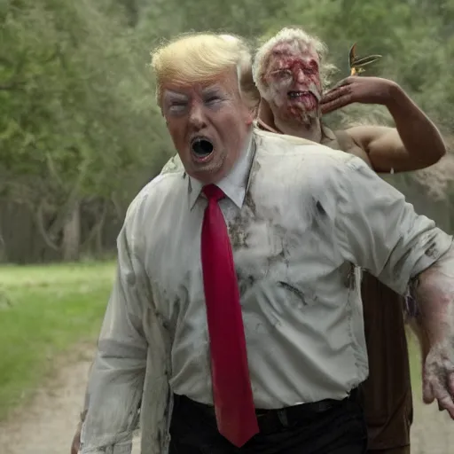 Image similar to donald trump as zombie in the walking dead. movie still. cinematic lighting