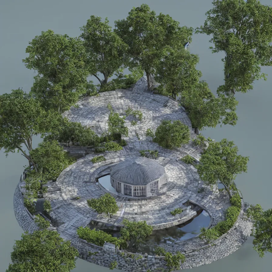 Image similar to architectural model, isometric view, 3 d render, studio lighting, low contrast, dark background, highly detailed, a circular house with circular courtyards floating on water at the edge of a lake, tree