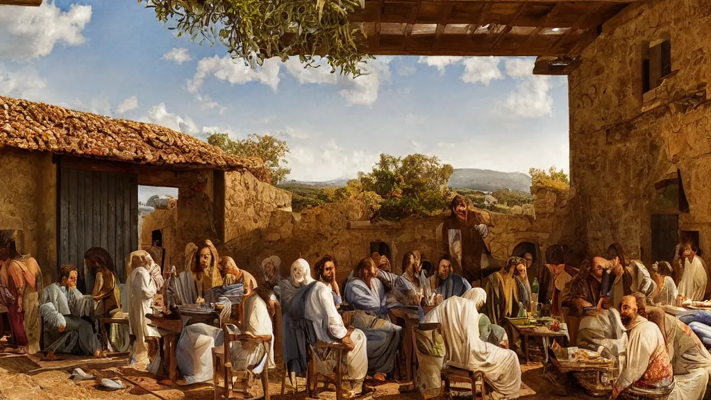 Image similar to the scene of the last supper, man dressed in suits, with cat heads, under the porch of a typical portuguese house, with typical alentejo landscape in the back, sunny morning, matte painting, oil canvas, photorealistic illustration, extreme detail, hyper realistic, highly detailed, digital art