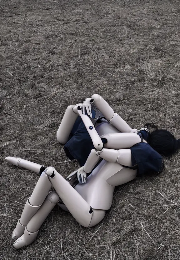 Prompt: a sad photograph of a sad slender, humanoid robot caresses a woman lying in the field, large shot, wide shot, in a street, cyberpunk photo,