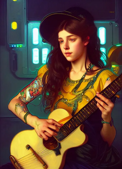 Prompt: portrait girl playing guitar in a tv screen, intricate, hivis, elegant, beautiful, highly detailed, digital painting, artstation, concept art, smooth, sharp focus, illustration, art by artgerm and greg rutkowski and alphonse mucha