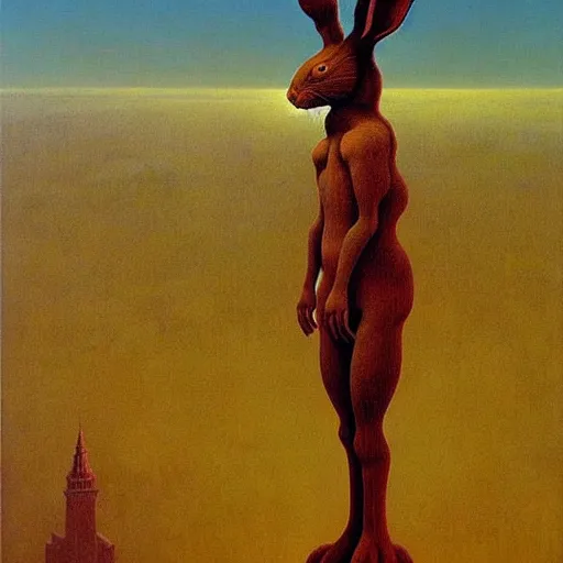 Prompt: a giant rabbit stands over a city painting by beksinski, by larry elmore, dali and barlowe colors. masterpiece painting