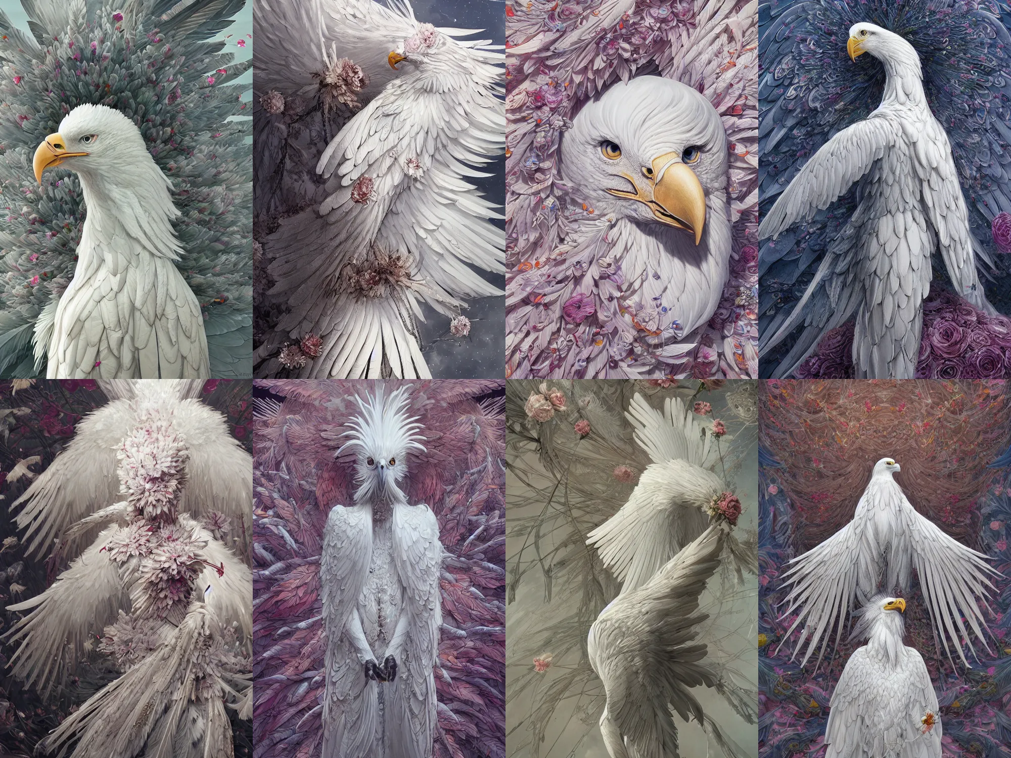 Prompt: a white eagle with long feathers and flowers in them, flower petals flying around in the background, art by James Jean and Wayne Barlowe, high detail, cinematic, cgsociety 8k