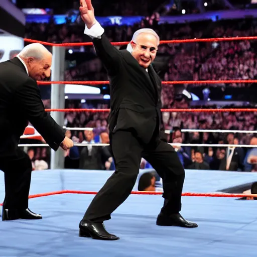 Image similar to benjamin netanyahu in a wwe arena wrestling the undertaker, highly detailed, sharp focus