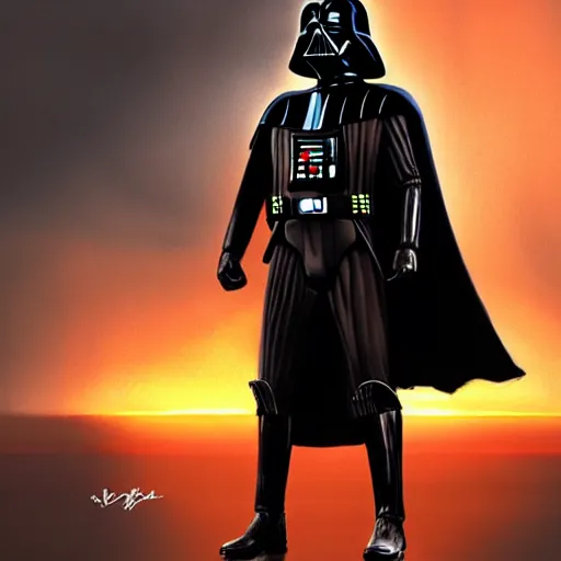 Image similar to darth vader standing still looking at the sunset concept art by doug chiang cinematic, realistic painting, high definition, concept art, portait image, path tracing, high quality, highly detailed, 8 k, red colors, high coherence, anatomically correct, hyperrealistic, concept art, defined face, five fingers, symmetrical