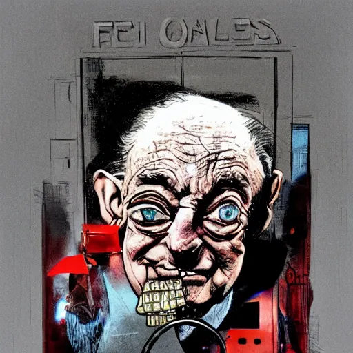 Image similar to George Soros full body shot, dollar bills Body horror, biopunk, by Ralph Steadman, Francis Bacon, Hunter S Thompson