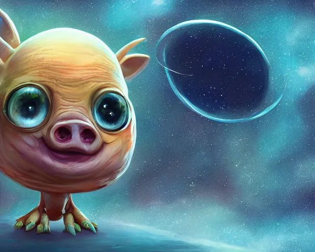 Image similar to 3D Fantasy Cute and adorable small alien piggy in space, huge adorable eyes, bright stars, Smooth 3D Illustration, soft render, Servando Lupini, Daniil Kudriavtsev, handpaint texture, Blender, 3DCoat