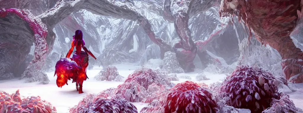 Prompt: large glowing woman made of ice, walking in a dense alien snow covered frosty jungle, with snow covered colourful red, blue and purple plants, large vines, snow covered arched organic rock structures, in the style of monster hunter world, like concept art on artstation, hyperdetailed, vray render, octane render,